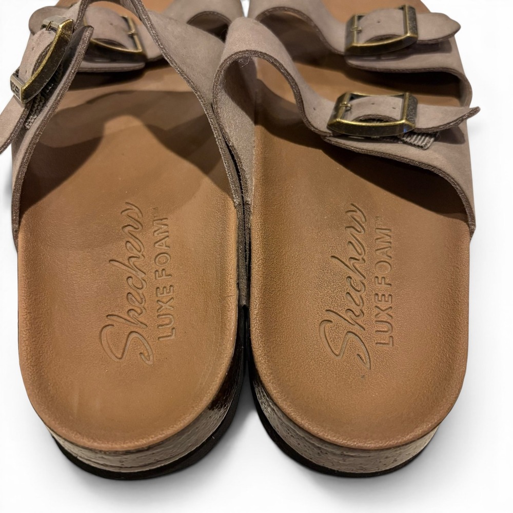 Skechers Luxe Foam Women's Size 7 Taupe Buckle Slide Sandals TPE Cork Midsole - Picture 3 of 10